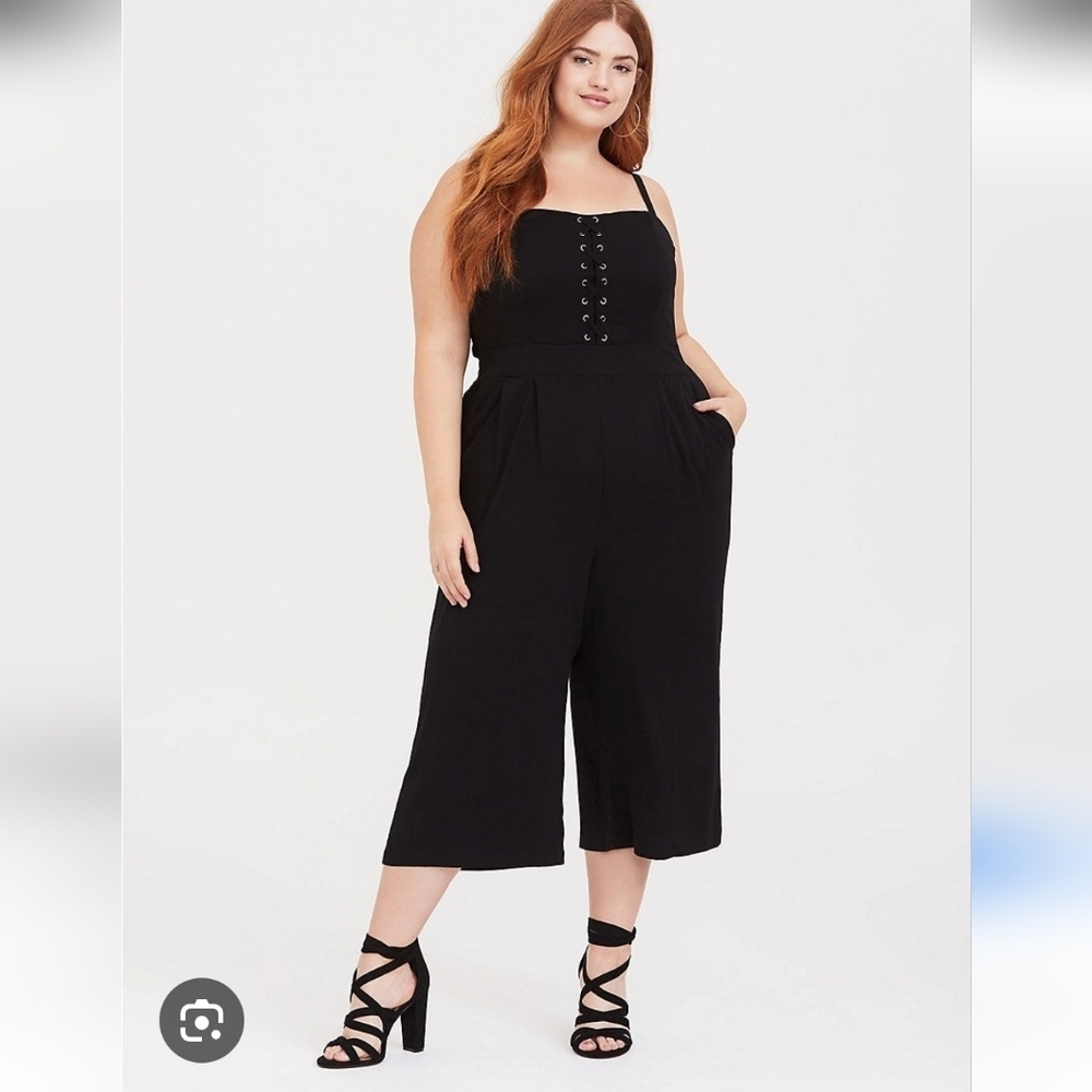 torrid black stretch challis lace up jumpsuit Size 1 With Pockets! - Picture 1 of 11